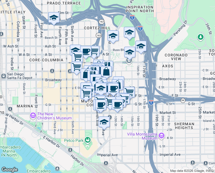 map of restaurants, bars, coffee shops, grocery stores, and more near 1150 E Street in San Diego