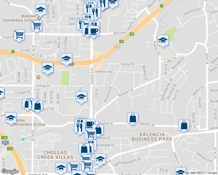 map of restaurants, bars, coffee shops, grocery stores, and more near 888 Winston Drive in San Diego