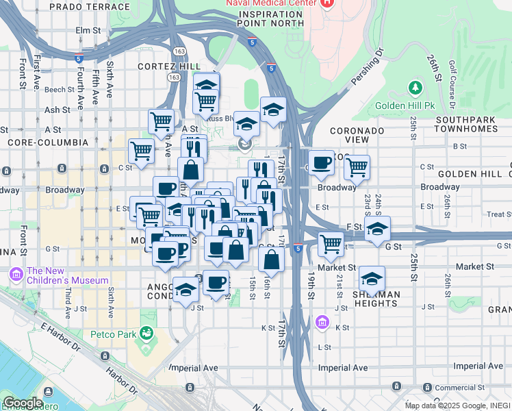 map of restaurants, bars, coffee shops, grocery stores, and more near 1508 E St in San Diego