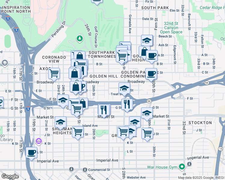 map of restaurants, bars, coffee shops, grocery stores, and more near 2743 E Street in San Diego