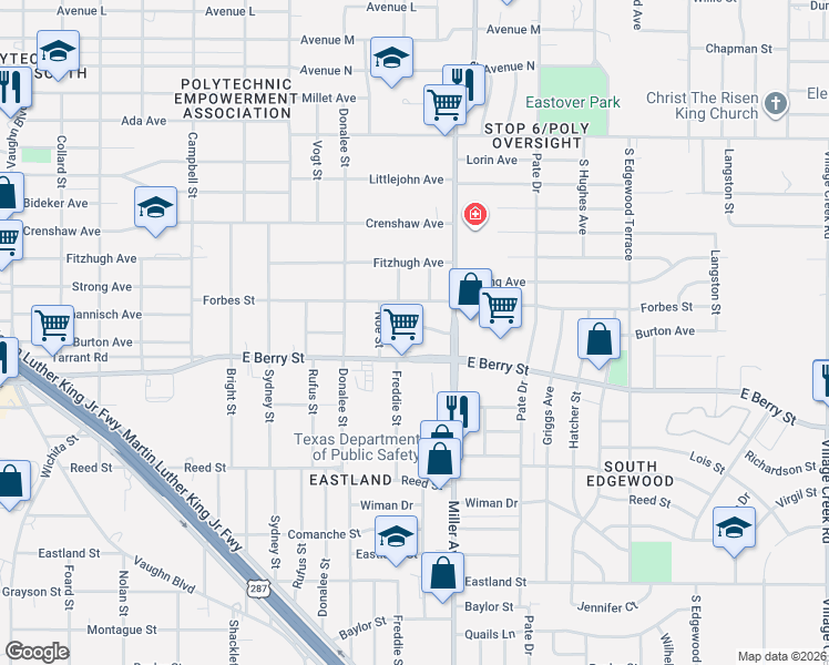 map of restaurants, bars, coffee shops, grocery stores, and more near 4024 Burton Avenue in Fort Worth