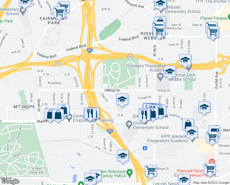 map of restaurants, bars, coffee shops, grocery stores, and more near 4471 Hilltop Drive in San Diego