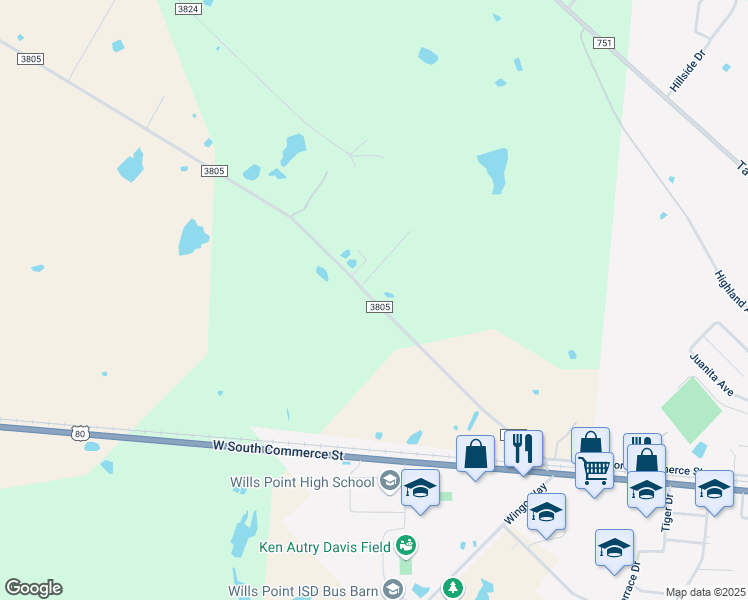 map of restaurants, bars, coffee shops, grocery stores, and more near County Road 3805 in Wills Point