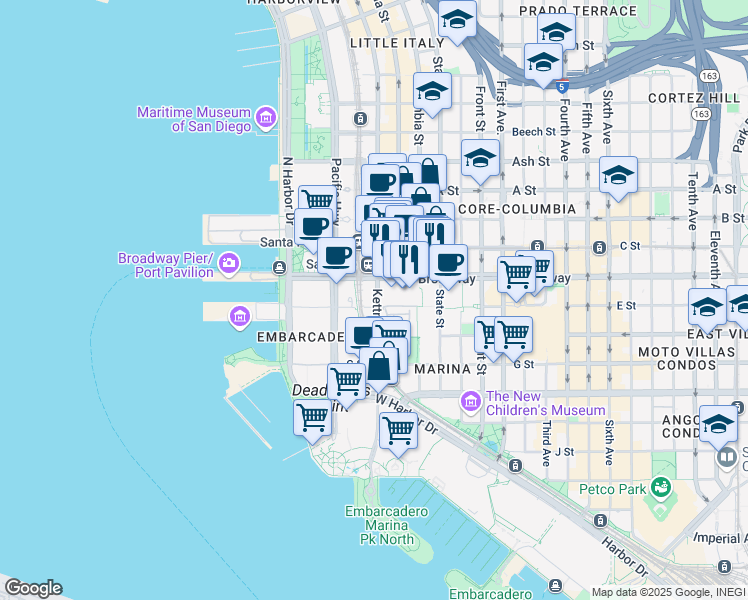map of restaurants, bars, coffee shops, grocery stores, and more near in San Diego