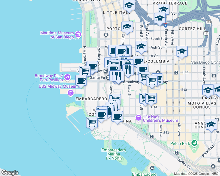 map of restaurants, bars, coffee shops, grocery stores, and more near 700 West E Street in San Diego