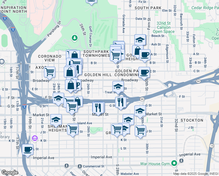 map of restaurants, bars, coffee shops, grocery stores, and more near 2743 E Street in San Diego