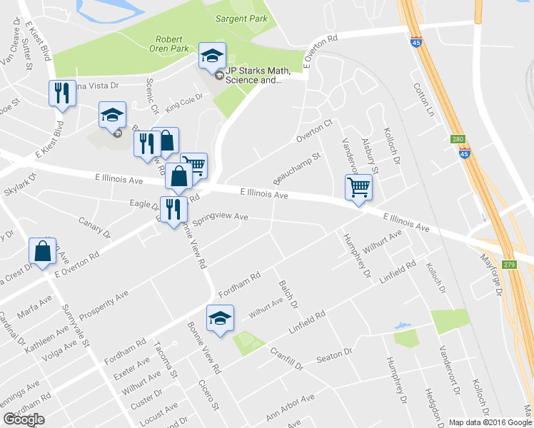 map of restaurants, bars, coffee shops, grocery stores, and more near 3237 Springview Avenue in Dallas