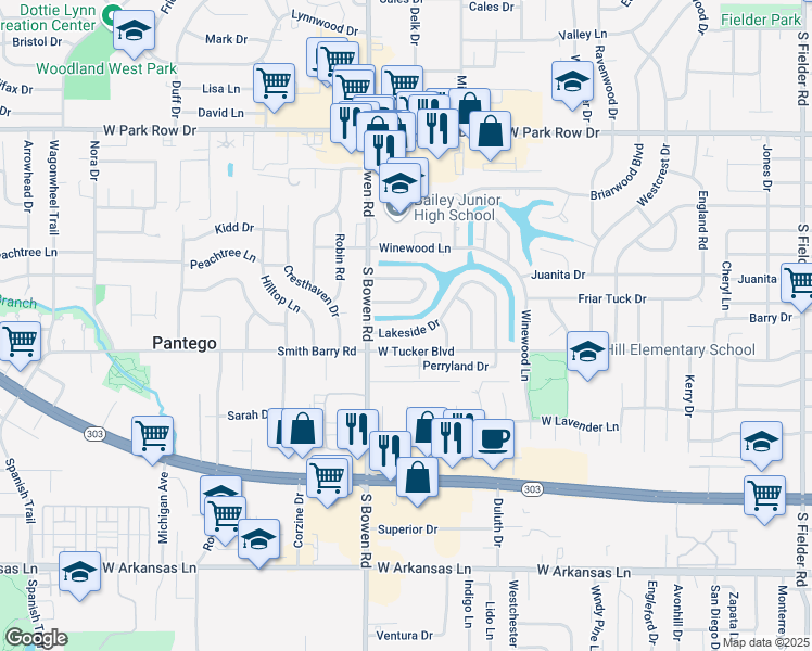map of restaurants, bars, coffee shops, grocery stores, and more near 2411 Lakeside Drive in Arlington