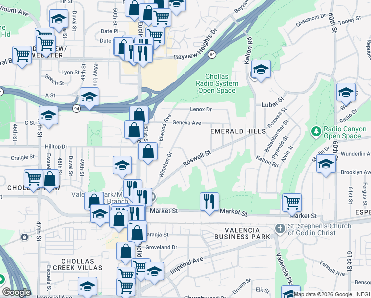 map of restaurants, bars, coffee shops, grocery stores, and more near 5322 Hilltop Drive in San Diego