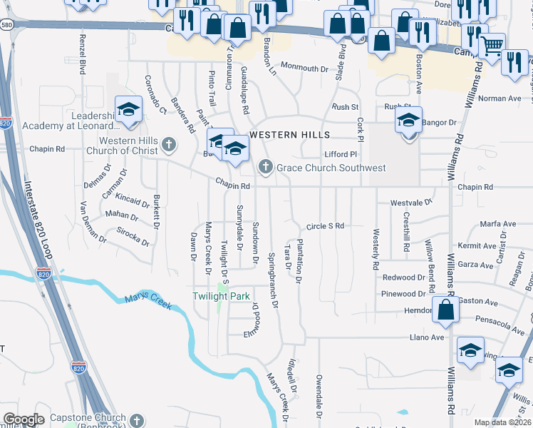 map of restaurants, bars, coffee shops, grocery stores, and more near 3816 Springbranch Drive in Benbrook