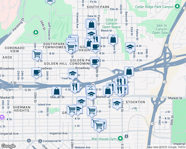 map of restaurants, bars, coffee shops, grocery stores, and more near 2964 E Street in San Diego