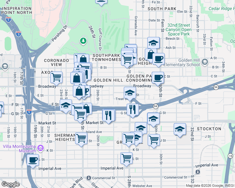 map of restaurants, bars, coffee shops, grocery stores, and more near 2743 E Street in San Diego