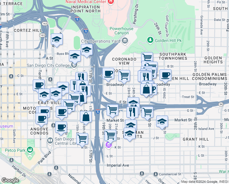 map of restaurants, bars, coffee shops, grocery stores, and more near 917 20th Street in San Diego