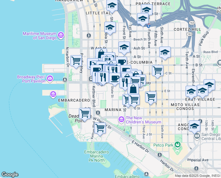map of restaurants, bars, coffee shops, grocery stores, and more near 365 Broadway in San Diego