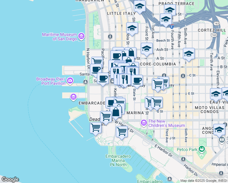 map of restaurants, bars, coffee shops, grocery stores, and more near 700 West E Street in San Diego
