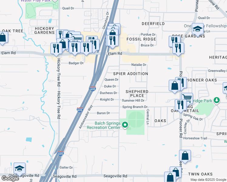 map of restaurants, bars, coffee shops, grocery stores, and more near 12227 Duchess Drive in Balch Springs