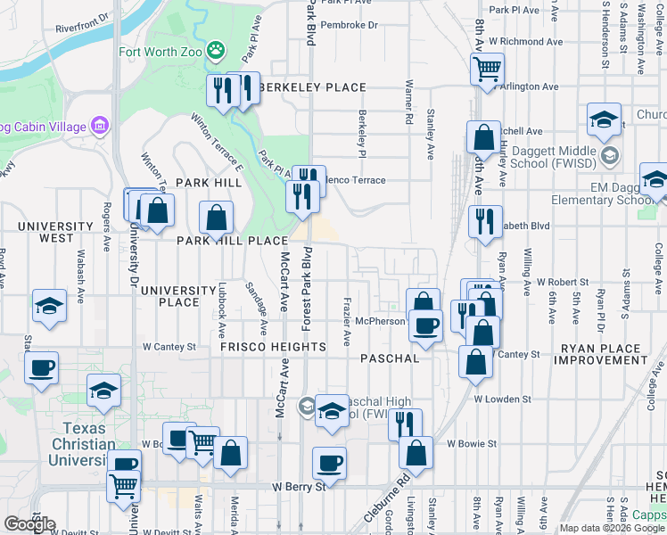 map of restaurants, bars, coffee shops, grocery stores, and more near 2520 Wayside Avenue in Fort Worth