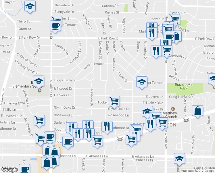 map of restaurants, bars, coffee shops, grocery stores, and more near 1809 Daniel Drive in Arlington