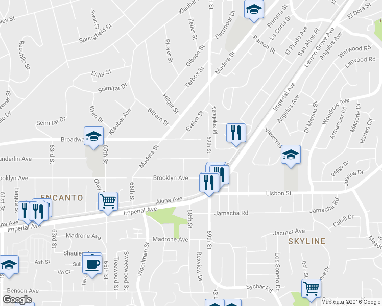 map of restaurants, bars, coffee shops, grocery stores, and more near 6818 Wunderlin Ave in San Diego