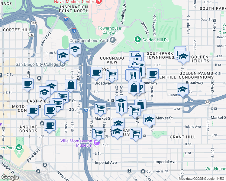 map of restaurants, bars, coffee shops, grocery stores, and more near 2202 E Street in San Diego