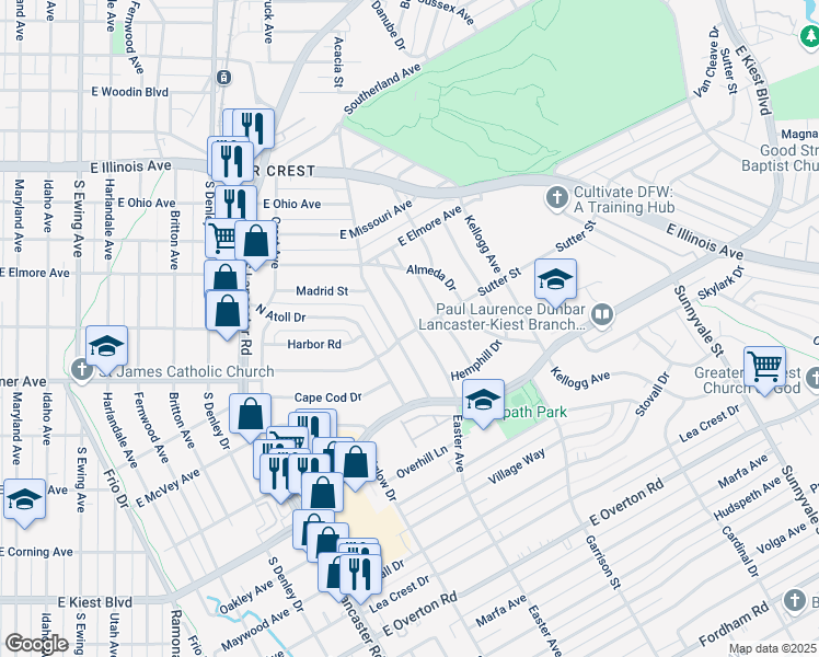 map of restaurants, bars, coffee shops, grocery stores, and more near 2653 Easter Ave in Dallas