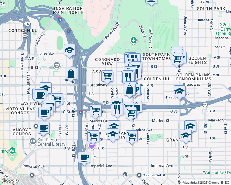 map of restaurants, bars, coffee shops, grocery stores, and more near 906 24th Street in San Diego