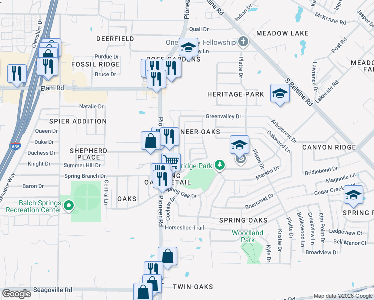 map of restaurants, bars, coffee shops, grocery stores, and more near 4031 Rocky Ledge Drive in Balch Springs