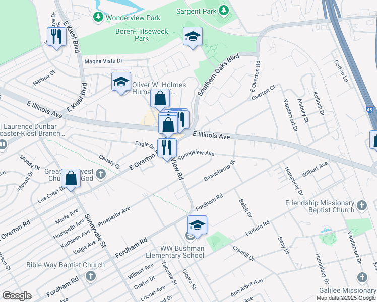 map of restaurants, bars, coffee shops, grocery stores, and more near 3037 Springview Avenue in Dallas