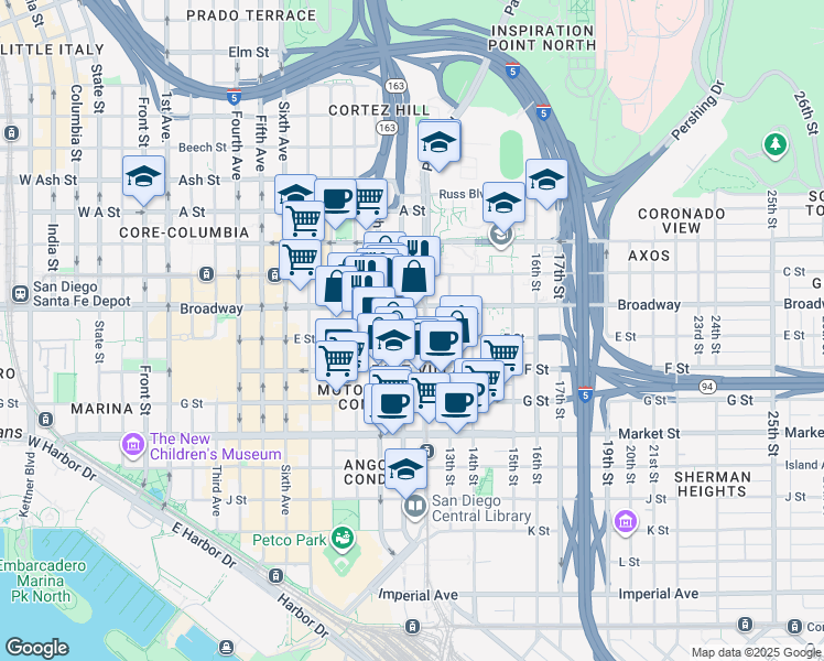 map of restaurants, bars, coffee shops, grocery stores, and more near in San Diego