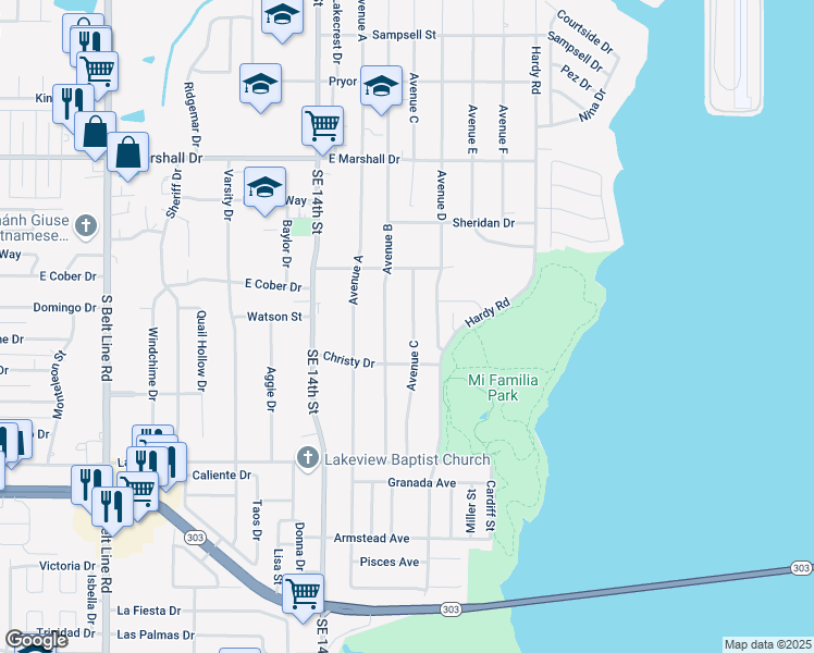 map of restaurants, bars, coffee shops, grocery stores, and more near 2113 Avenue C in Grand Prairie