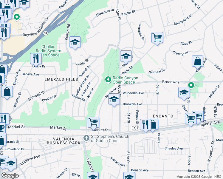 map of restaurants, bars, coffee shops, grocery stores, and more near 924 Merlin Drive in San Diego