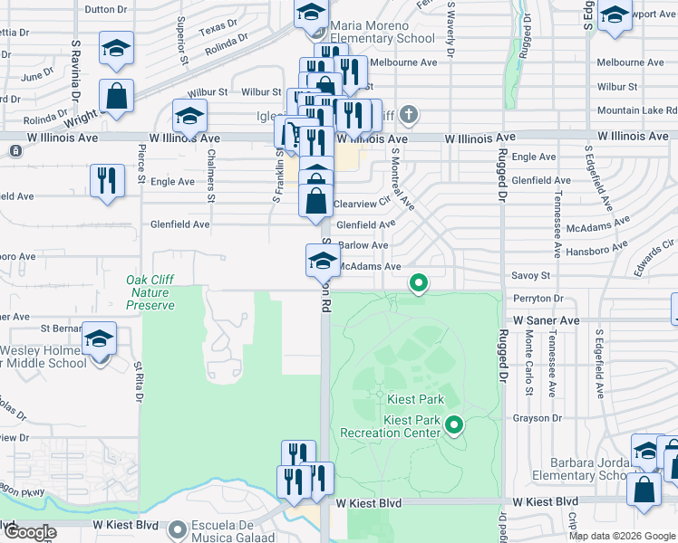 map of restaurants, bars, coffee shops, grocery stores, and more near 2322 McAdams Avenue in Dallas