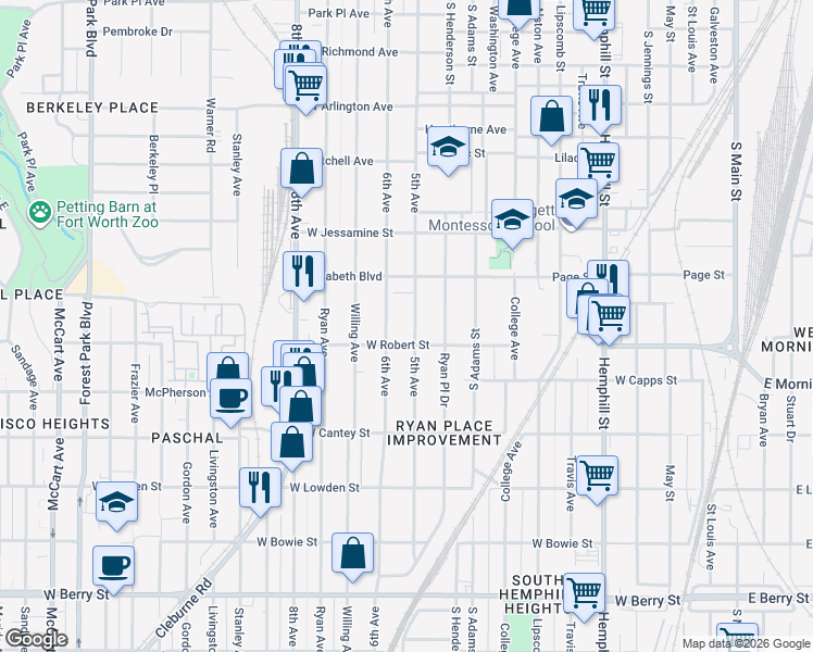 map of restaurants, bars, coffee shops, grocery stores, and more near 2518 5th Avenue in Fort Worth