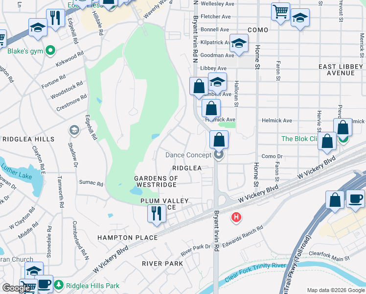 map of restaurants, bars, coffee shops, grocery stores, and more near 6101 Sharon Rd in Fort Worth