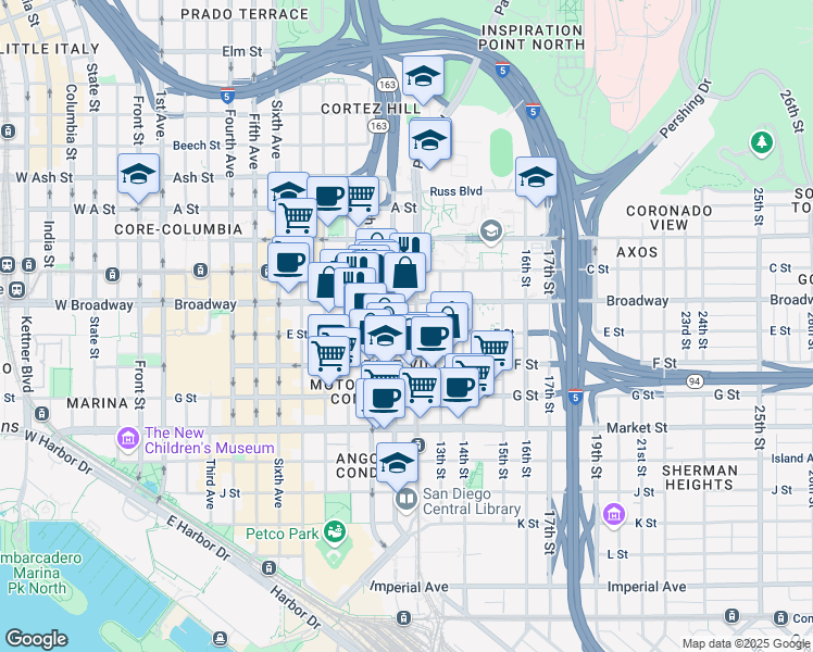 map of restaurants, bars, coffee shops, grocery stores, and more near in San Diego