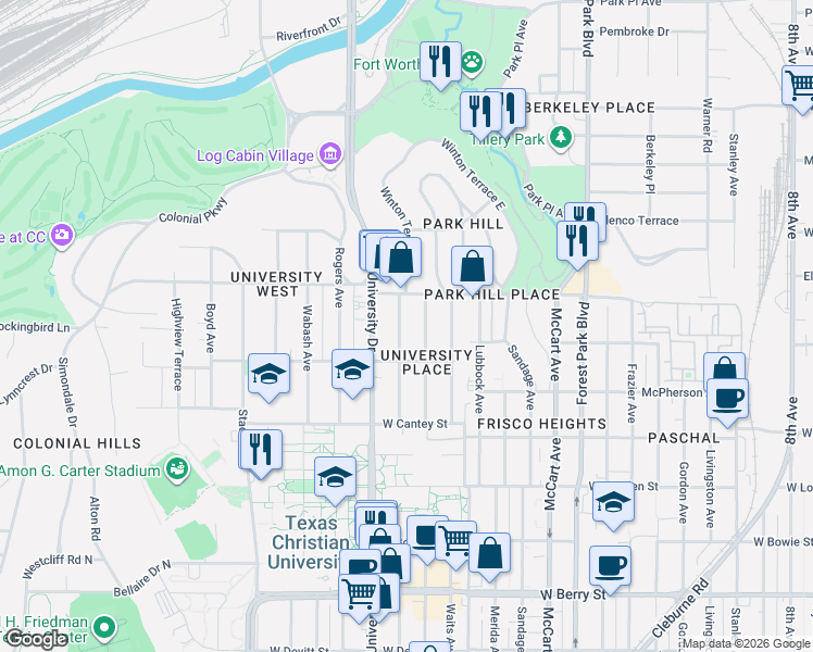 map of restaurants, bars, coffee shops, grocery stores, and more near 2537 Cockrell Avenue in Fort Worth