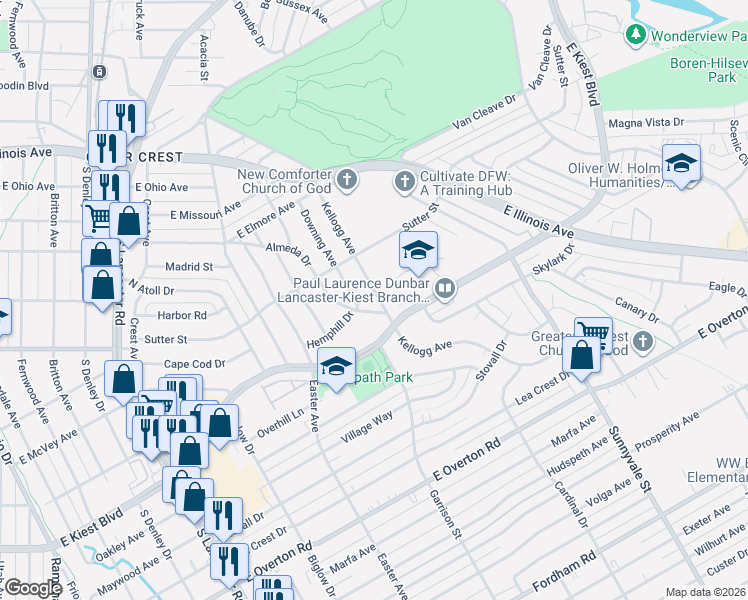 map of restaurants, bars, coffee shops, grocery stores, and more near 2751 Kellogg Avenue in Dallas