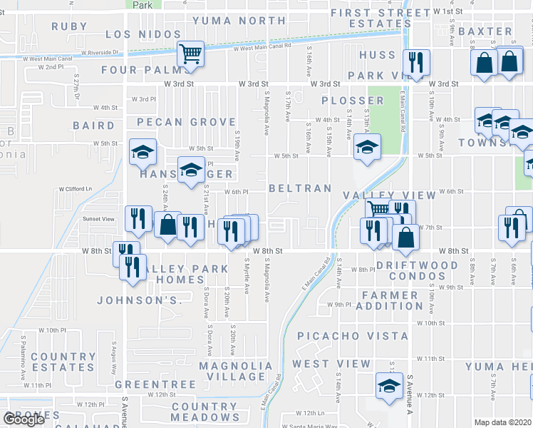 map of restaurants, bars, coffee shops, grocery stores, and more near 661 South Magnolia Avenue in Yuma