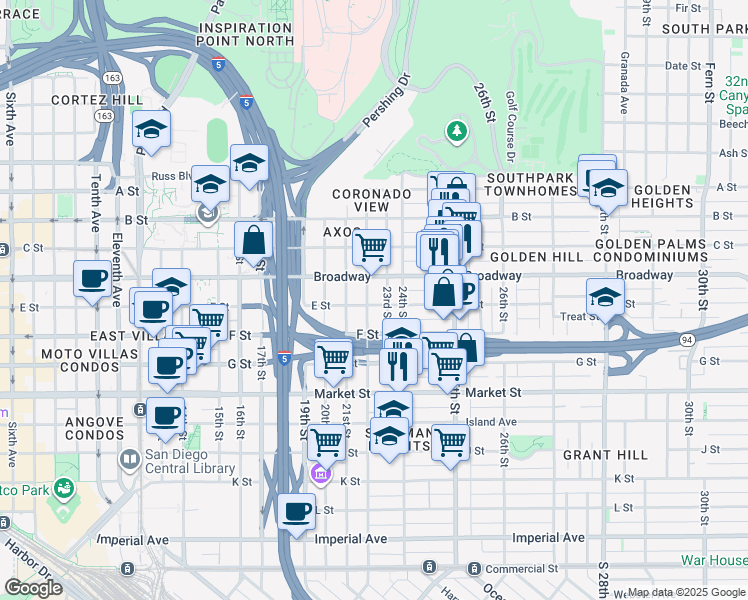 map of restaurants, bars, coffee shops, grocery stores, and more near 2204 E Street in San Diego