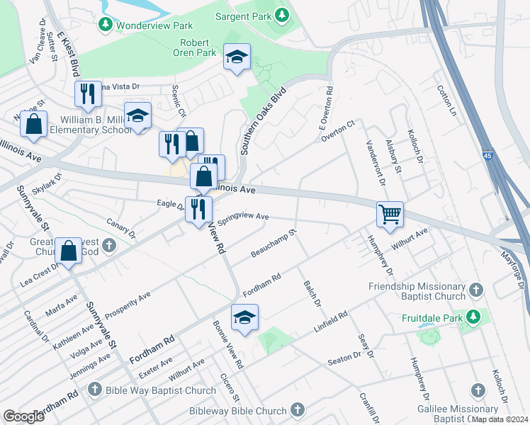 map of restaurants, bars, coffee shops, grocery stores, and more near 3143 Springview Avenue in Dallas