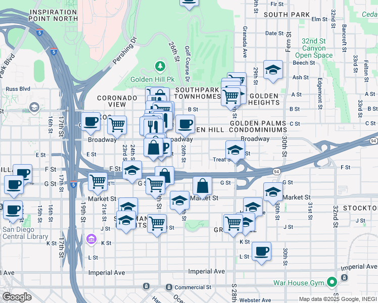 map of restaurants, bars, coffee shops, grocery stores, and more near 2620 E Street in San Diego