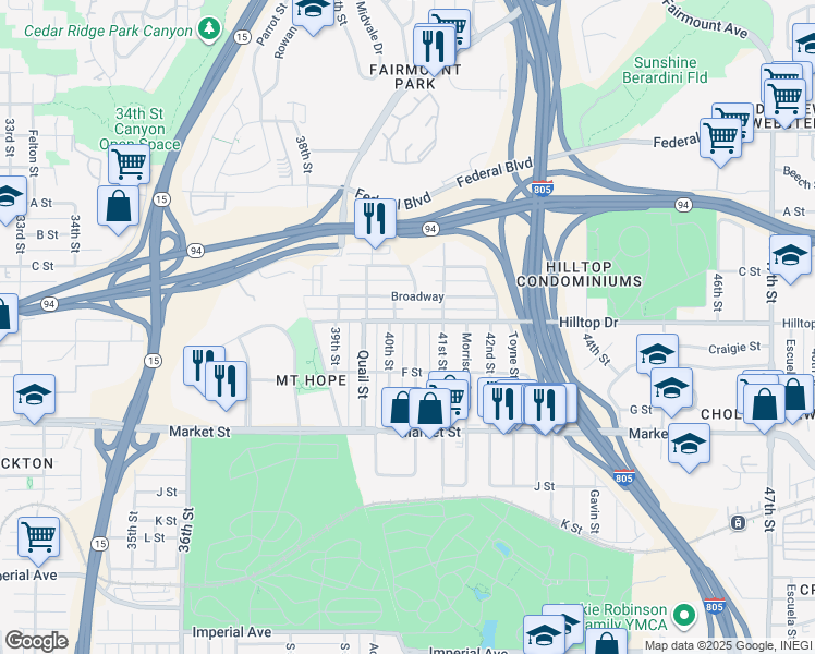 map of restaurants, bars, coffee shops, grocery stores, and more near 880 Raven Street in San Diego