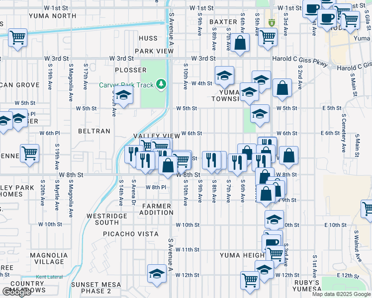 map of restaurants, bars, coffee shops, grocery stores, and more near 601-699 South 10th Avenue in Yuma