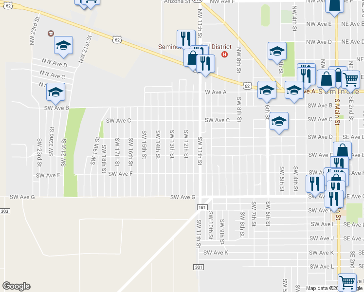 map of restaurants, bars, coffee shops, grocery stores, and more near 404 Southwest 12th Street in Seminole