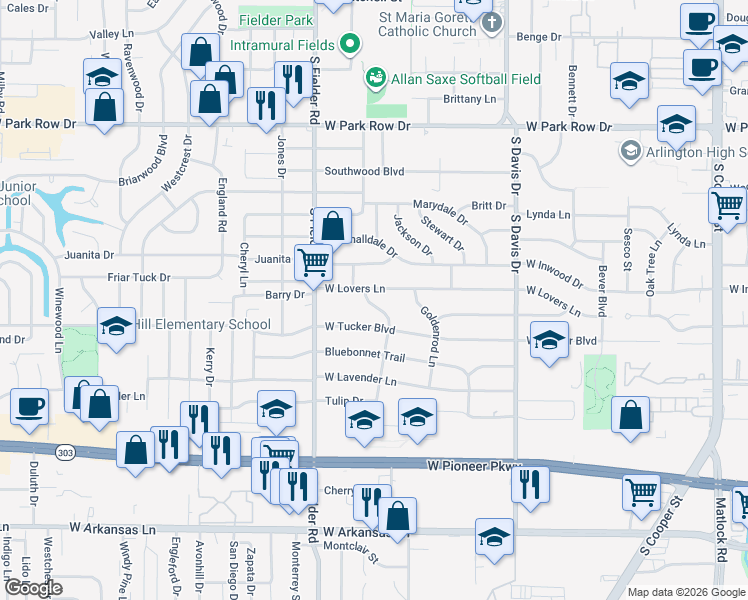 map of restaurants, bars, coffee shops, grocery stores, and more near 2005 Wren Drive in Arlington
