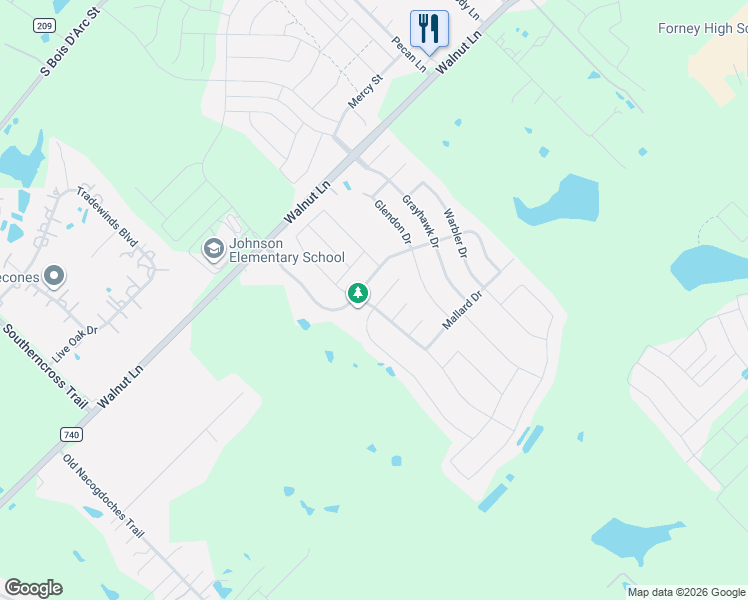 map of restaurants, bars, coffee shops, grocery stores, and more near 1032 Blue Heron Court in Forney
