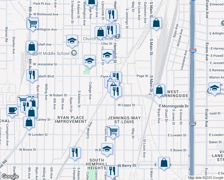 map of restaurants, bars, coffee shops, grocery stores, and more near 2516 Hemphill Street in Fort Worth