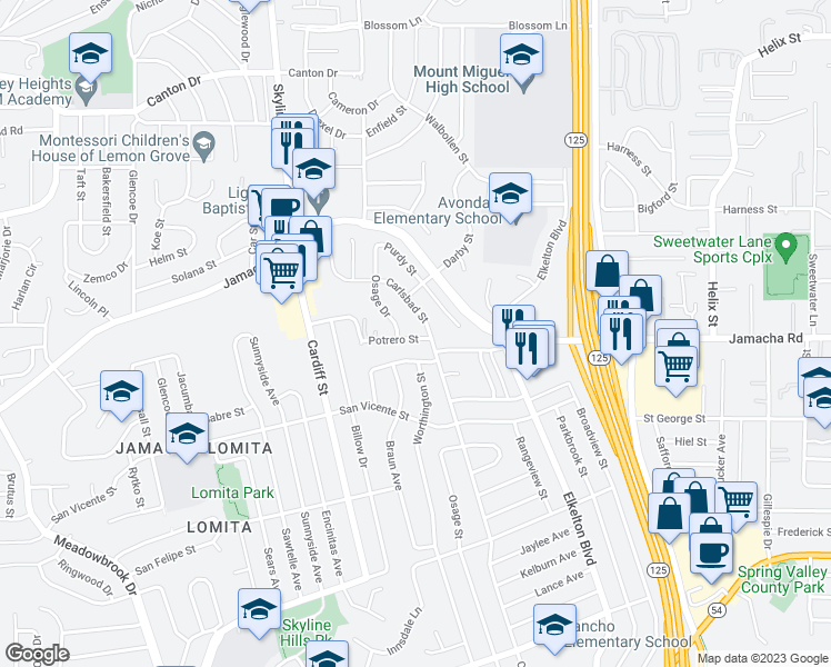 map of restaurants, bars, coffee shops, grocery stores, and more near 8724 Potrero Street in Spring Valley