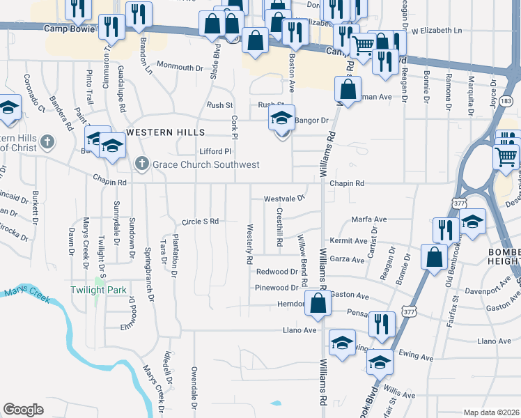 map of restaurants, bars, coffee shops, grocery stores, and more near 3820 Sagebrush Road in Benbrook