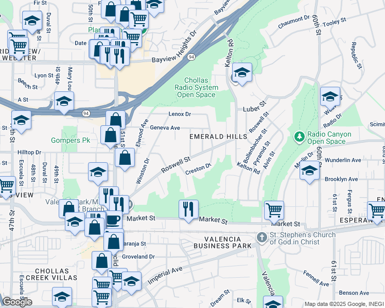 map of restaurants, bars, coffee shops, grocery stores, and more near 5454 Roswell Street in San Diego